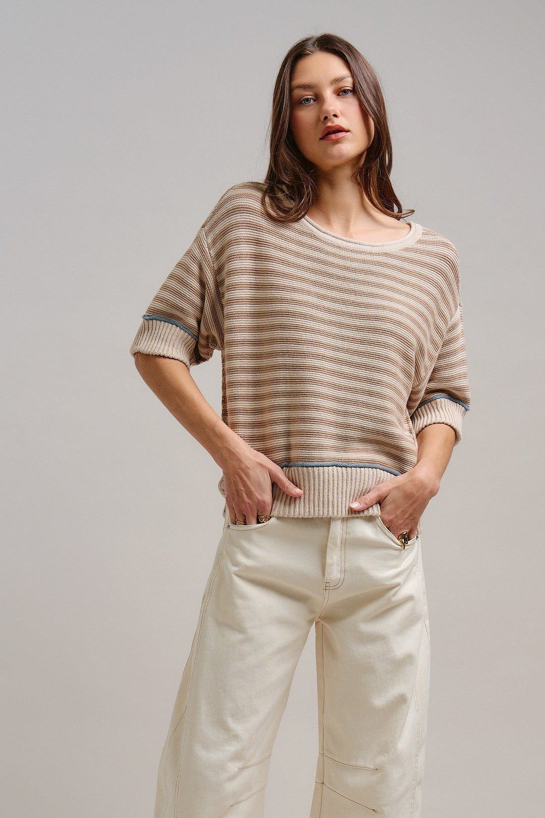 Happy Sunshine Stripe Knit Top in Khaki - Women's Wholesale Tops | Trend Notes