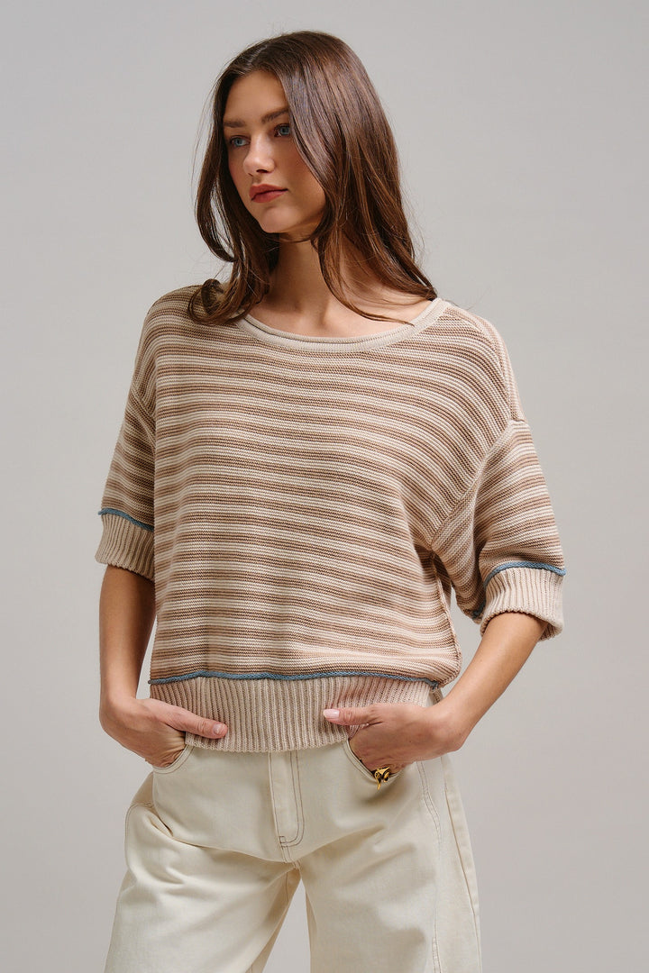 Happy Sunshine Stripe Knit Top in Khaki - Women's Wholesale Tops | Trend Notes