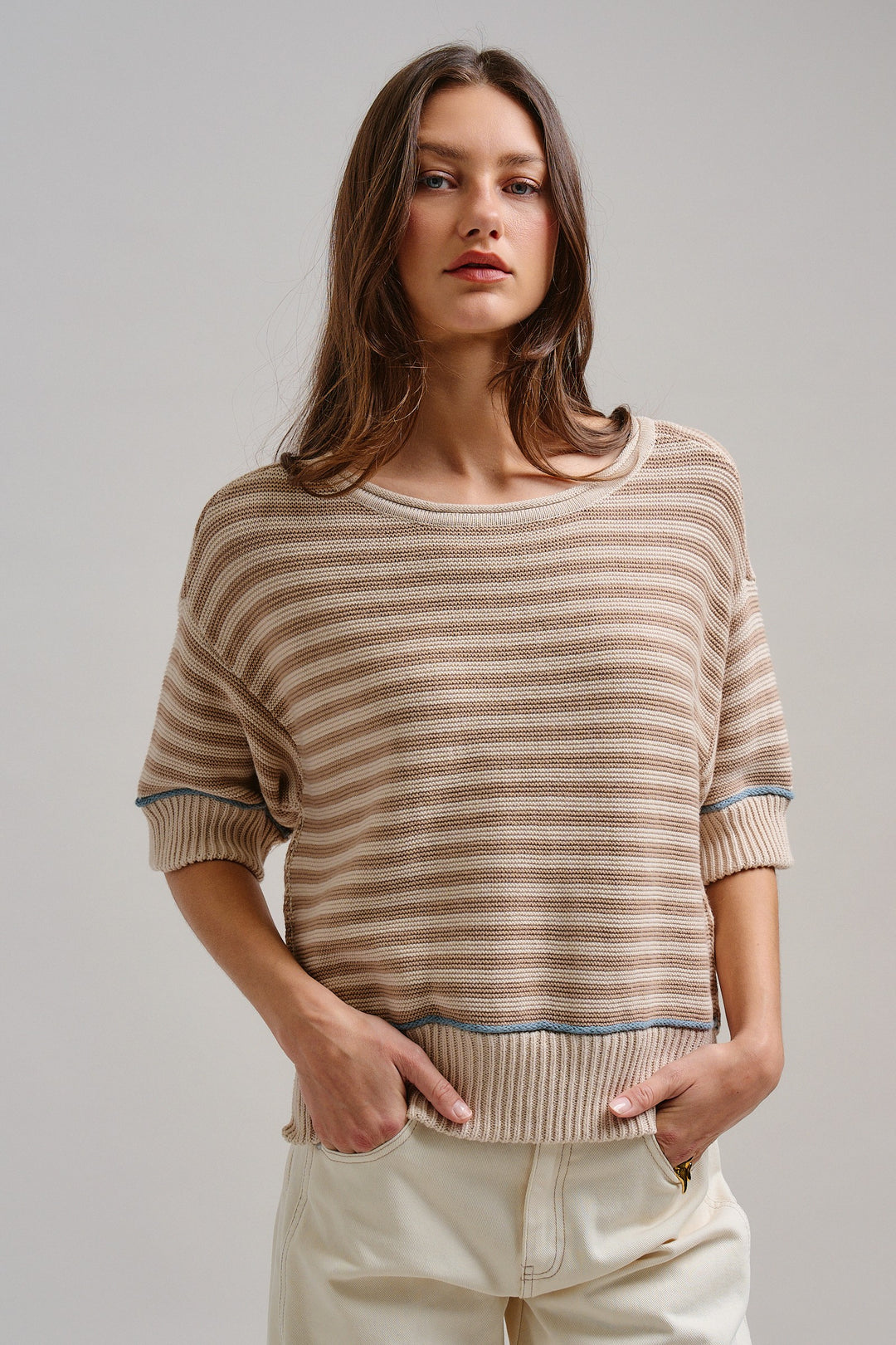 Happy Sunshine Stripe Knit Top in Khaki - Women's Wholesale Tops | Trend Notes