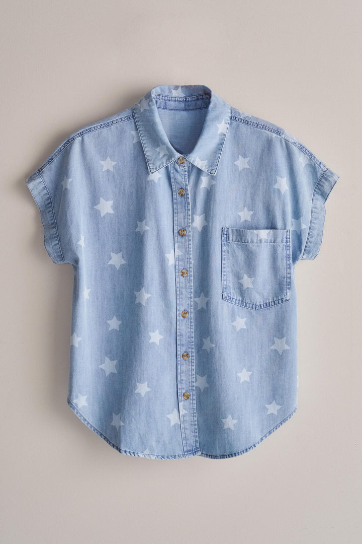 Lucky Star Denim Button Down in Denim - Women's Wholesale Tops | Trend Notes