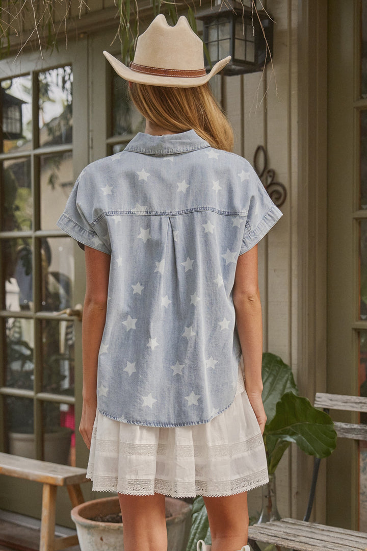 Lucky Star Denim Button Down in Denim - Women's Wholesale Tops | Trend Notes