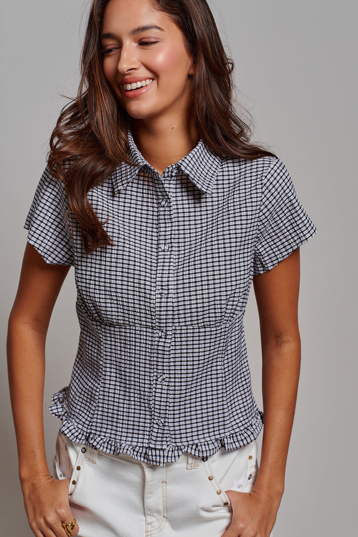 Picnic Check Ruffle Button Down in Black - Women's Wholesale Tops | Trend Notes