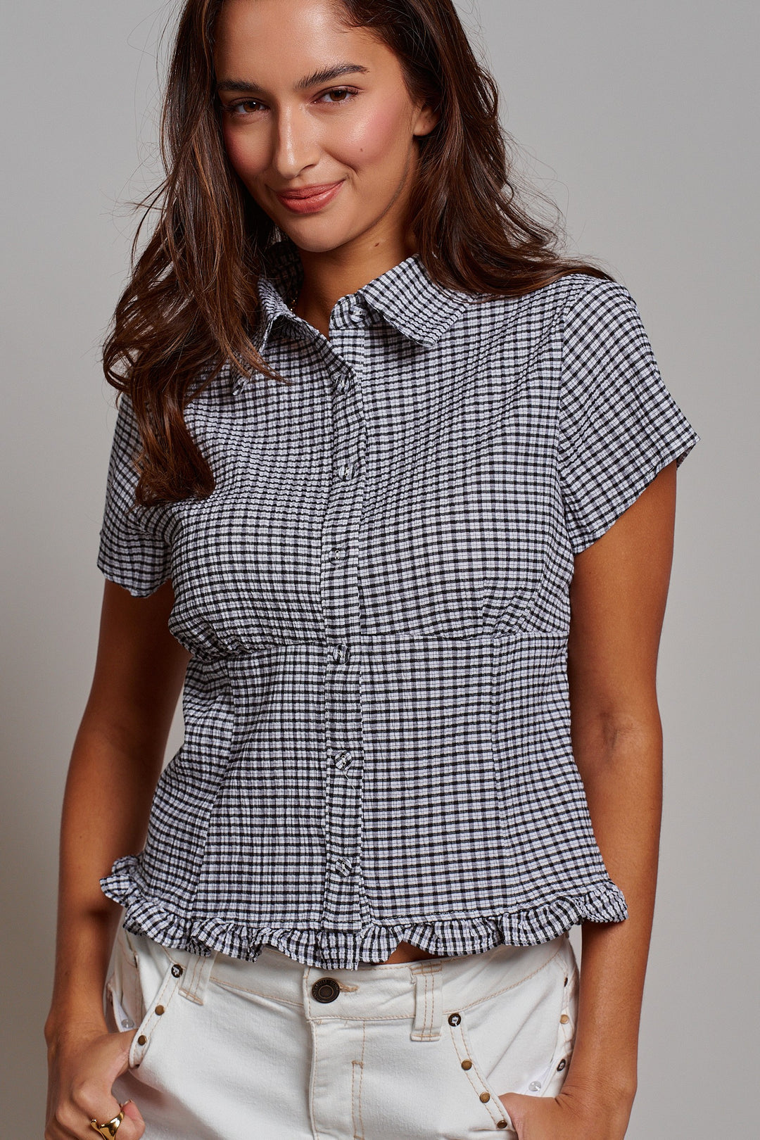 Picnic Check Ruffle Button Down in Black - Women's Wholesale Tops | Trend Notes