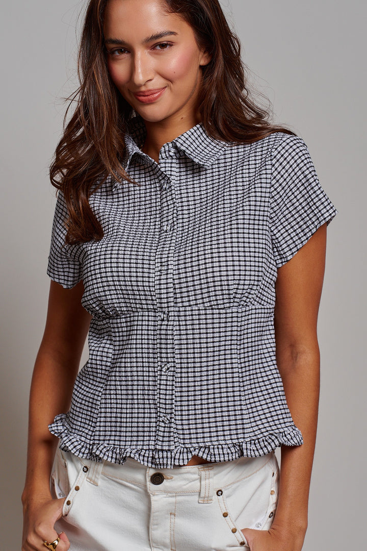 Picnic Check Ruffle Button Down in Black - Women's Wholesale Tops | Trend Notes