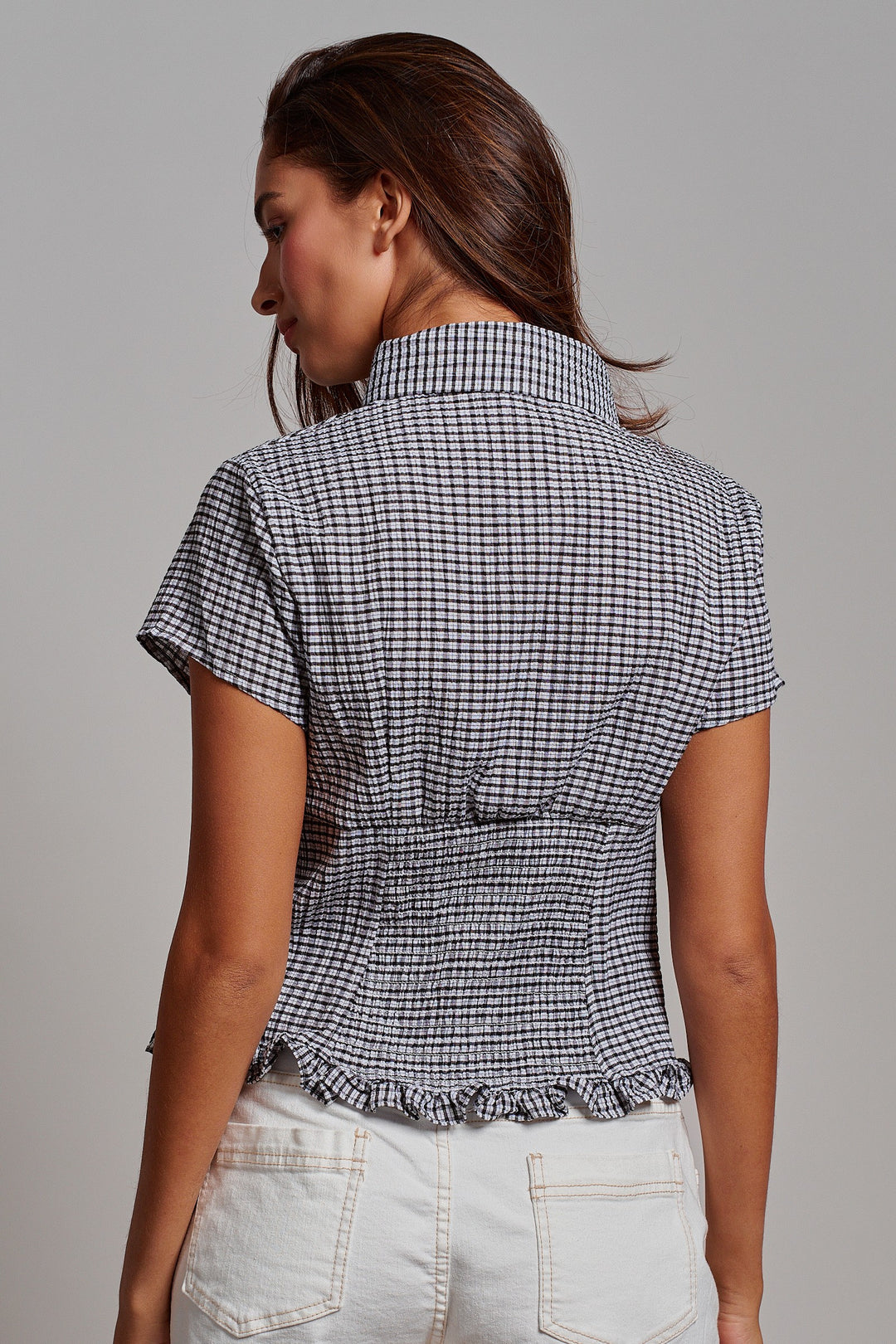 Picnic Check Ruffle Button Down in Black - Women's Wholesale Tops | Trend Notes
