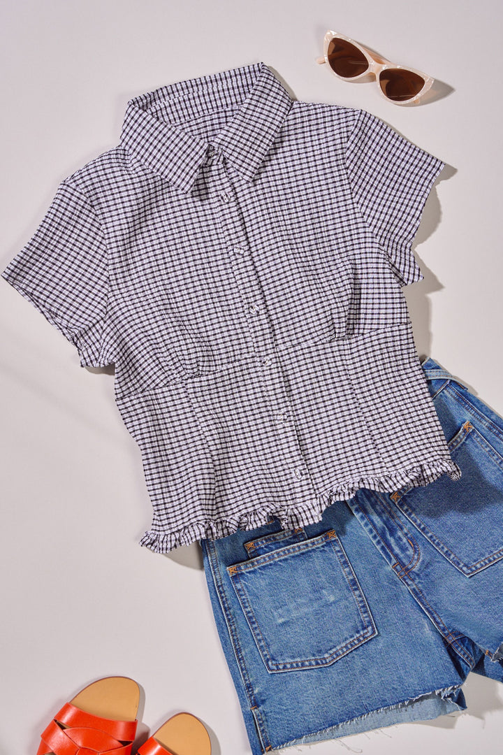 Picnic Check Ruffle Button Down in Black - Women's Wholesale Tops | Trend Notes
