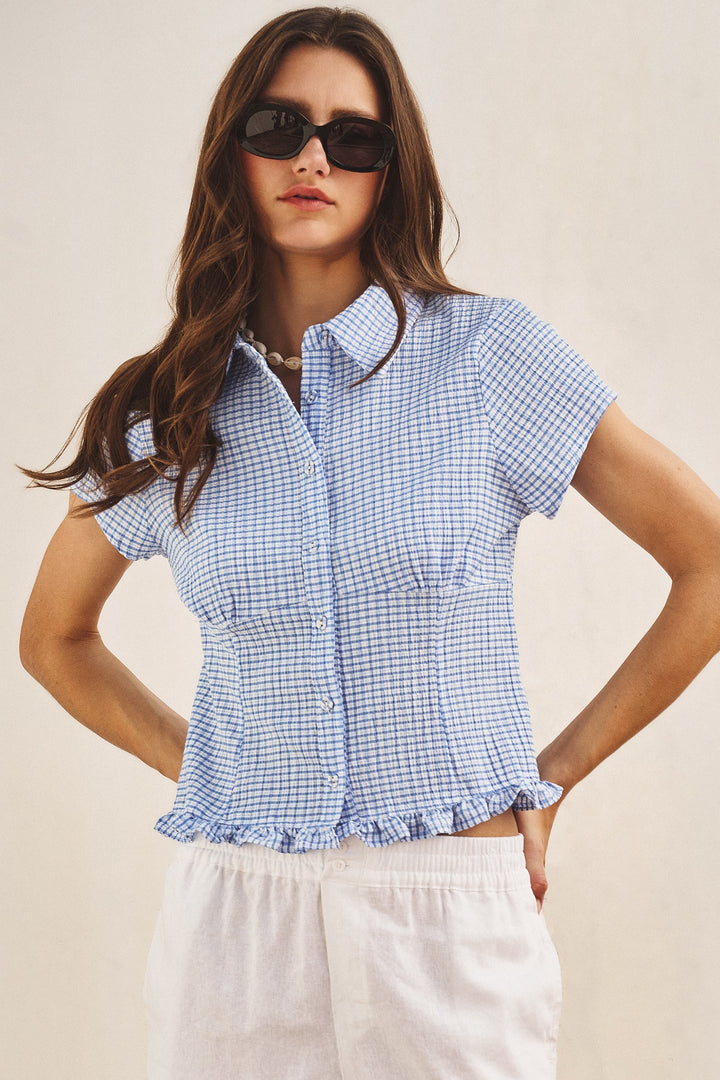 Picnic Check Ruffle Button Down in Blue - Women's Wholesale Tops | Trend Notes