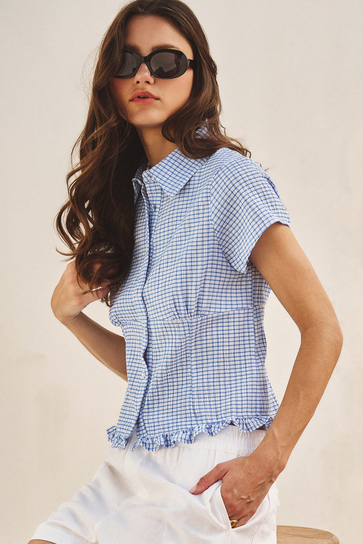 Picnic Check Ruffle Button Down in Blue - Women's Wholesale Tops | Trend Notes
