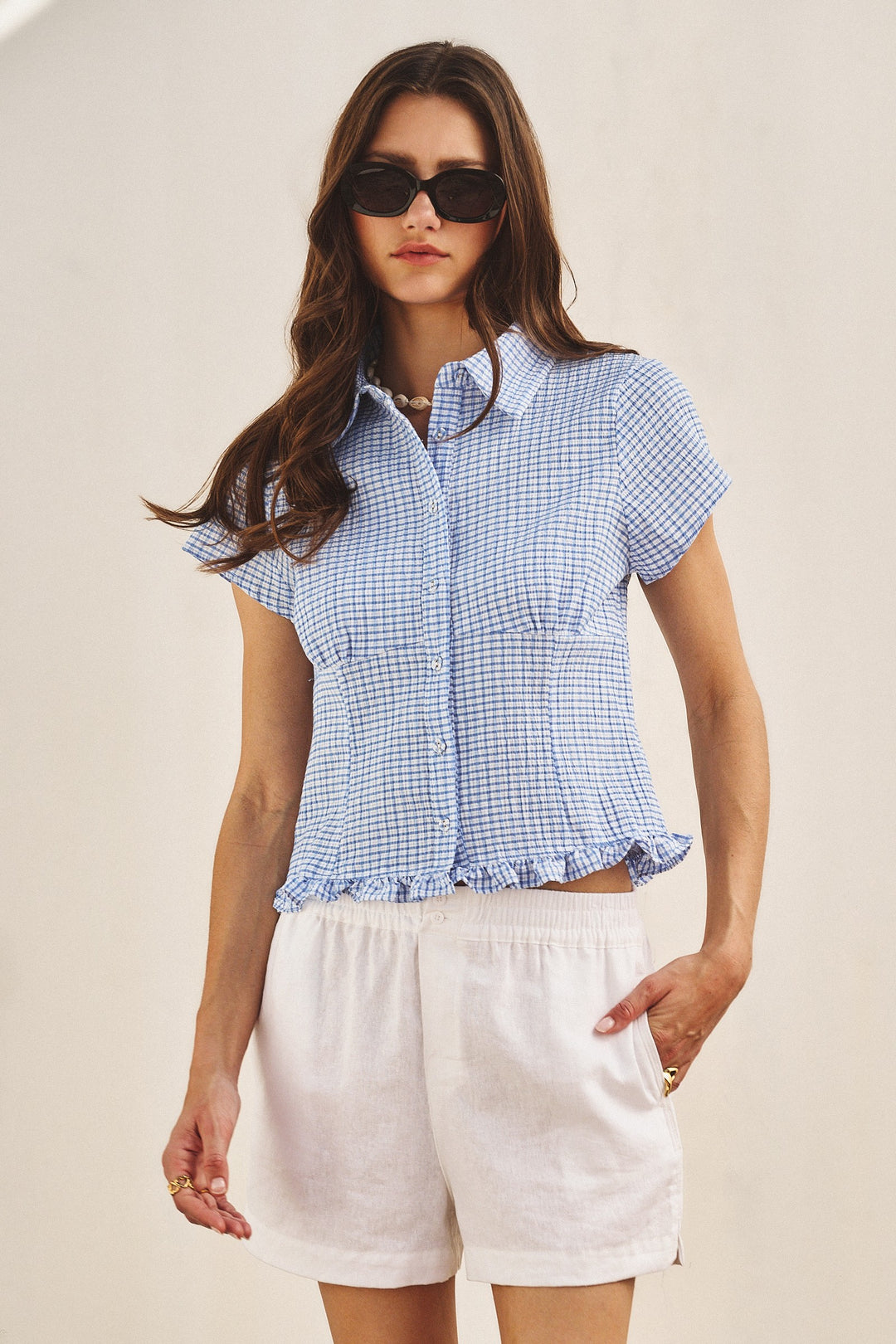 Picnic Check Ruffle Button Down in Blue - Women's Wholesale Tops | Trend Notes