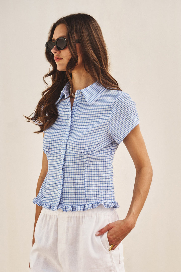 Picnic Check Ruffle Button Down in Blue - Women's Wholesale Tops | Trend Notes