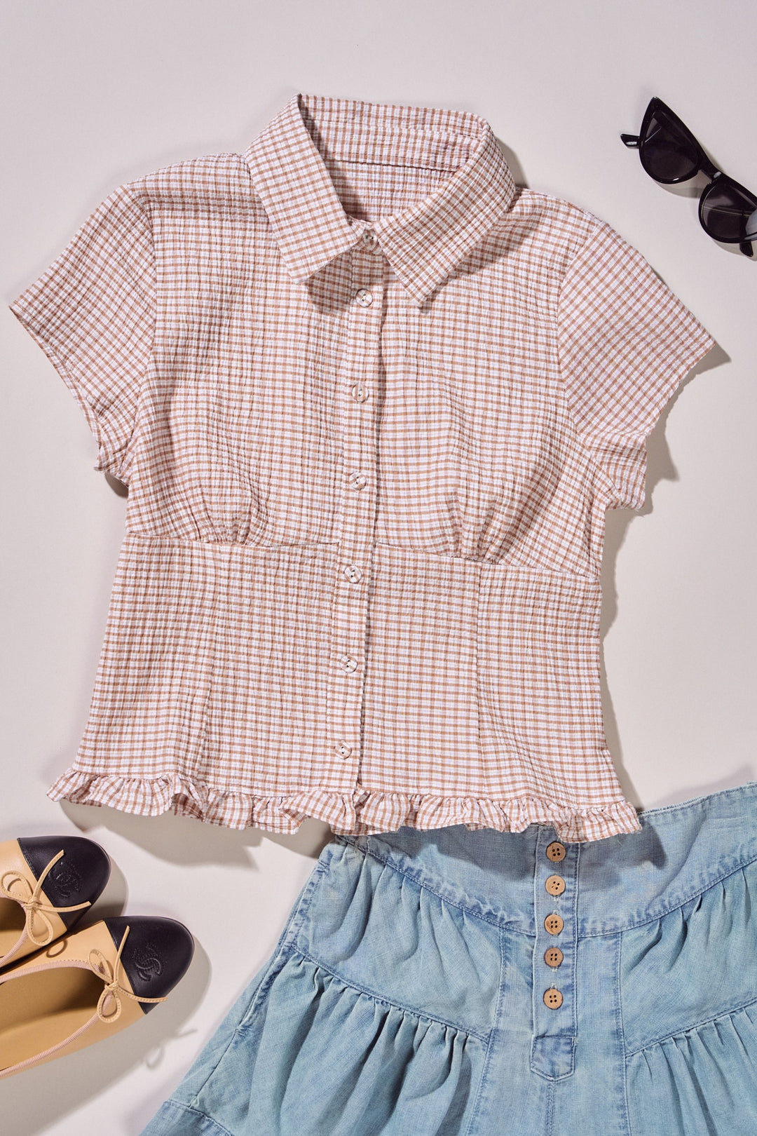 Picnic Check Ruffle Button Down in Mushroom - Women's Wholesale Tops | Trend Notes