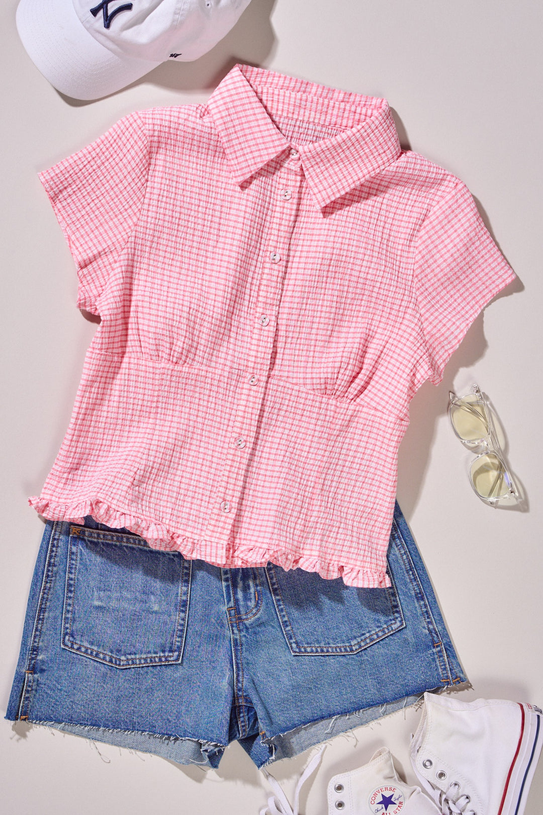 Picnic Check Ruffle Button Down in Pink - Women's Wholesale Tops | Trend Notes