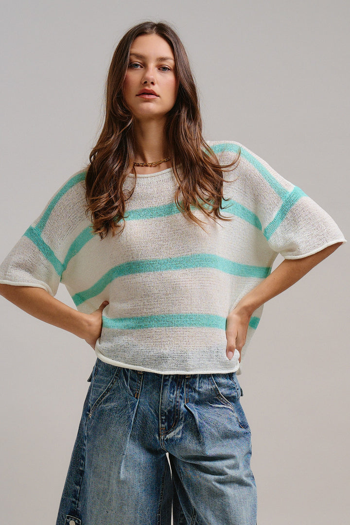 The Ocean Mist Stripe Knit Top in Mint - Women's Wholesale Tops | Trend Notes
