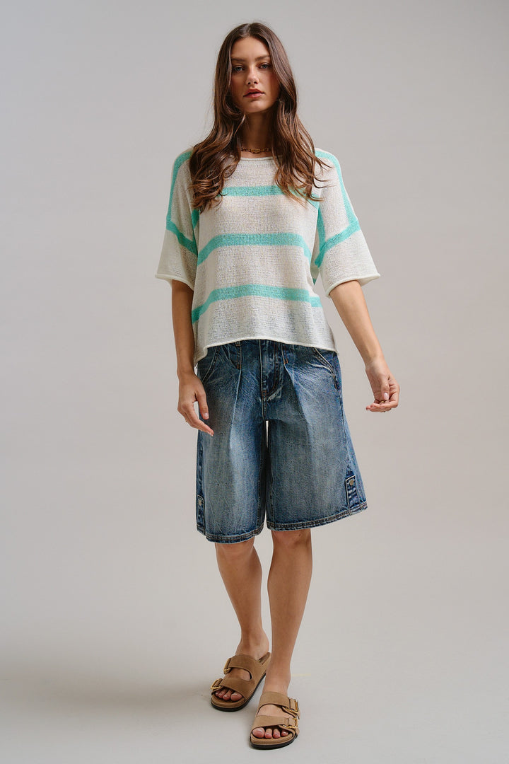 The Ocean Mist Stripe Knit Top in Mint - Women's Wholesale Tops | Trend Notes