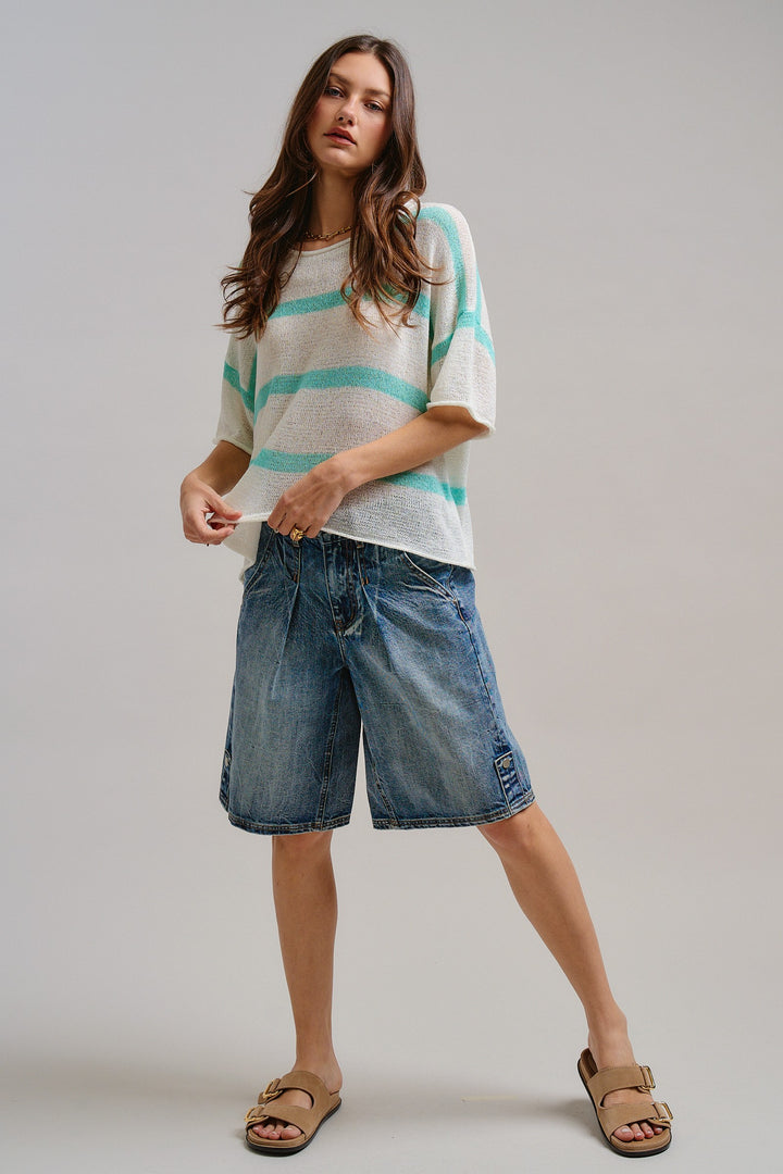 The Ocean Mist Stripe Knit Top in Mint - Women's Wholesale Tops | Trend Notes