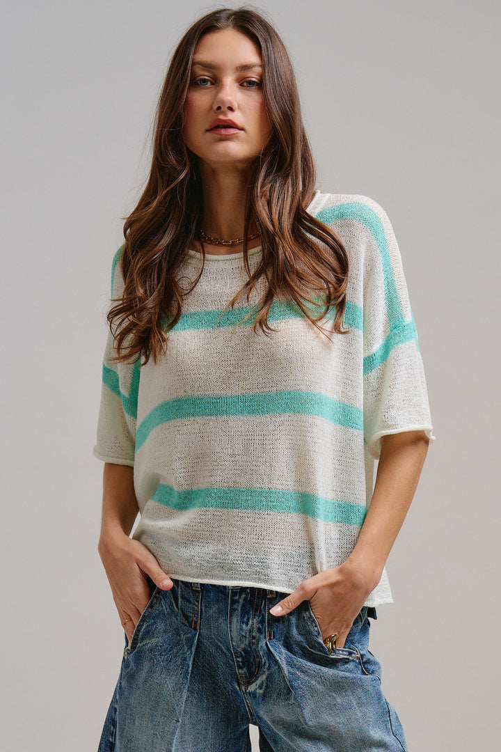 The Ocean Mist Stripe Knit Top in Mint - Women's Wholesale Tops | Trend Notes