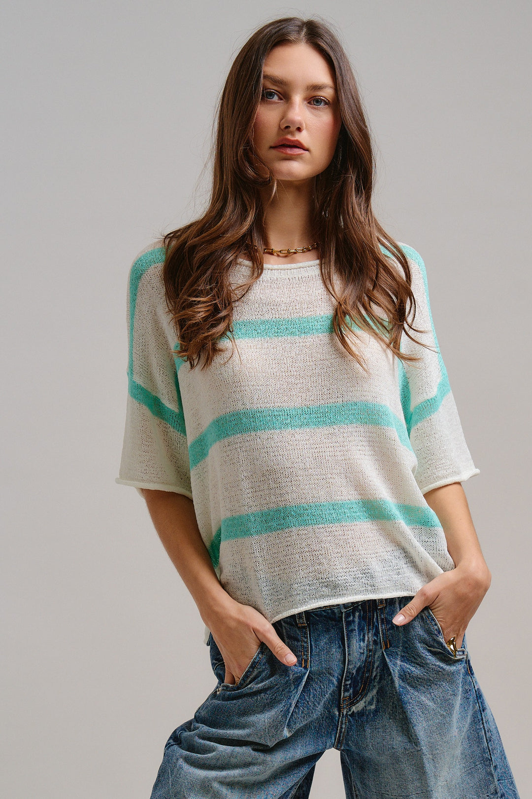 The Ocean Mist Stripe Knit Top in Mint - Women's Wholesale Tops | Trend Notes