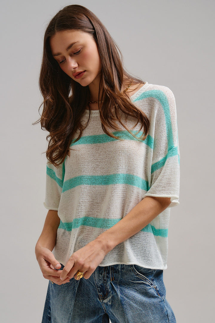 The Ocean Mist Stripe Knit Top in Mint - Women's Wholesale Tops | Trend Notes
