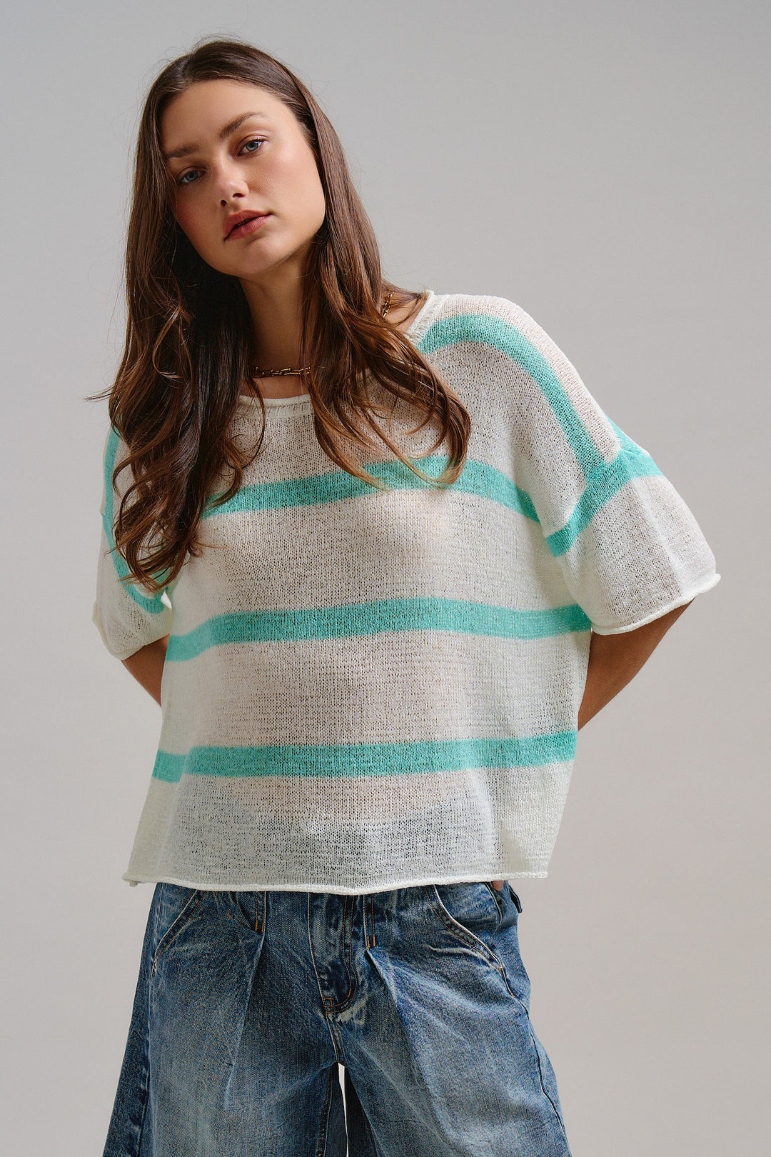 The Ocean Mist Stripe Knit Top in Mint - Women's Wholesale Tops | Trend Notes