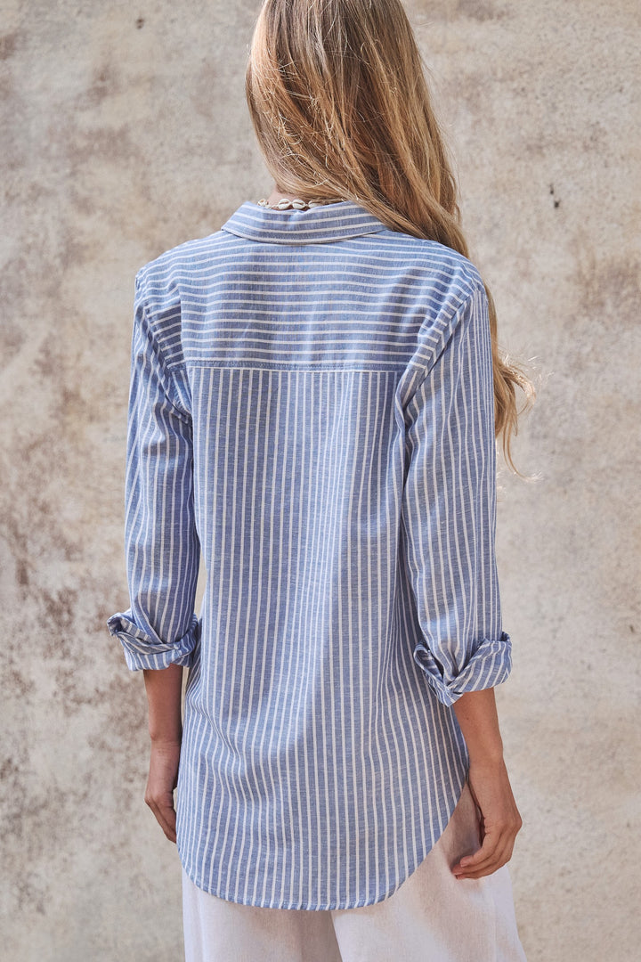 Coastal Chic Stripe Button Down Linen Shirt in Blue - Women's Wholesale Tops | Trend Notes