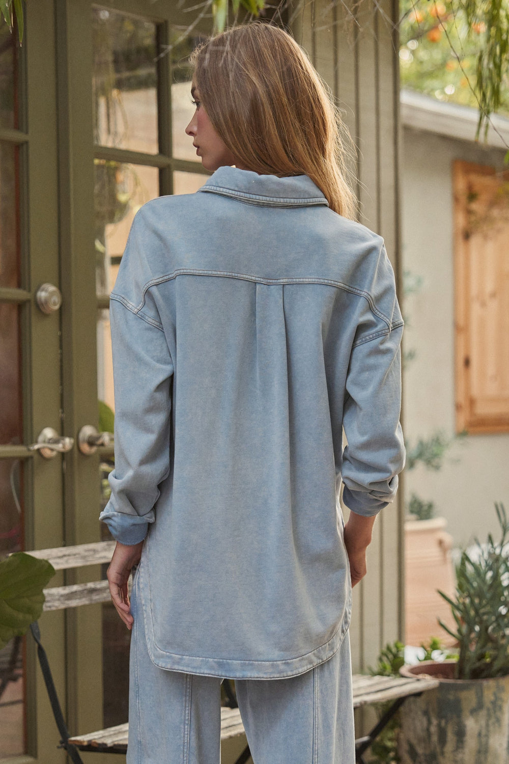 Relaxed Ease Oversized Button Down Shirt in Lt Blue - Women's Wholesale Tops | Trend Notes