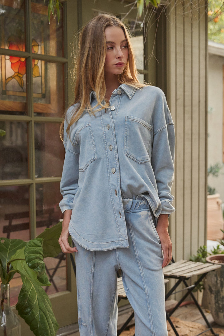 Relaxed Ease Oversized Button Down Shirt in Lt Blue - Women's Wholesale Tops | Trend Notes