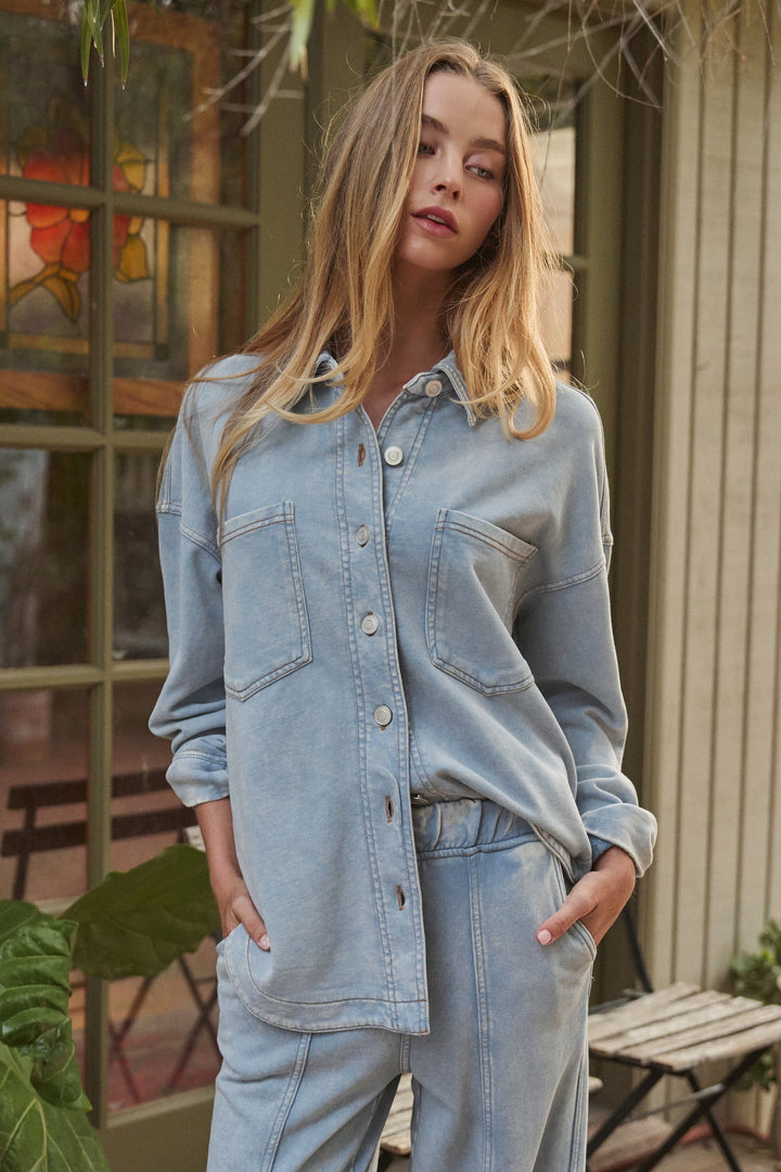 Relaxed Ease Oversized Button Down Shirt in Lt Blue - Women's Wholesale Tops | Trend Notes