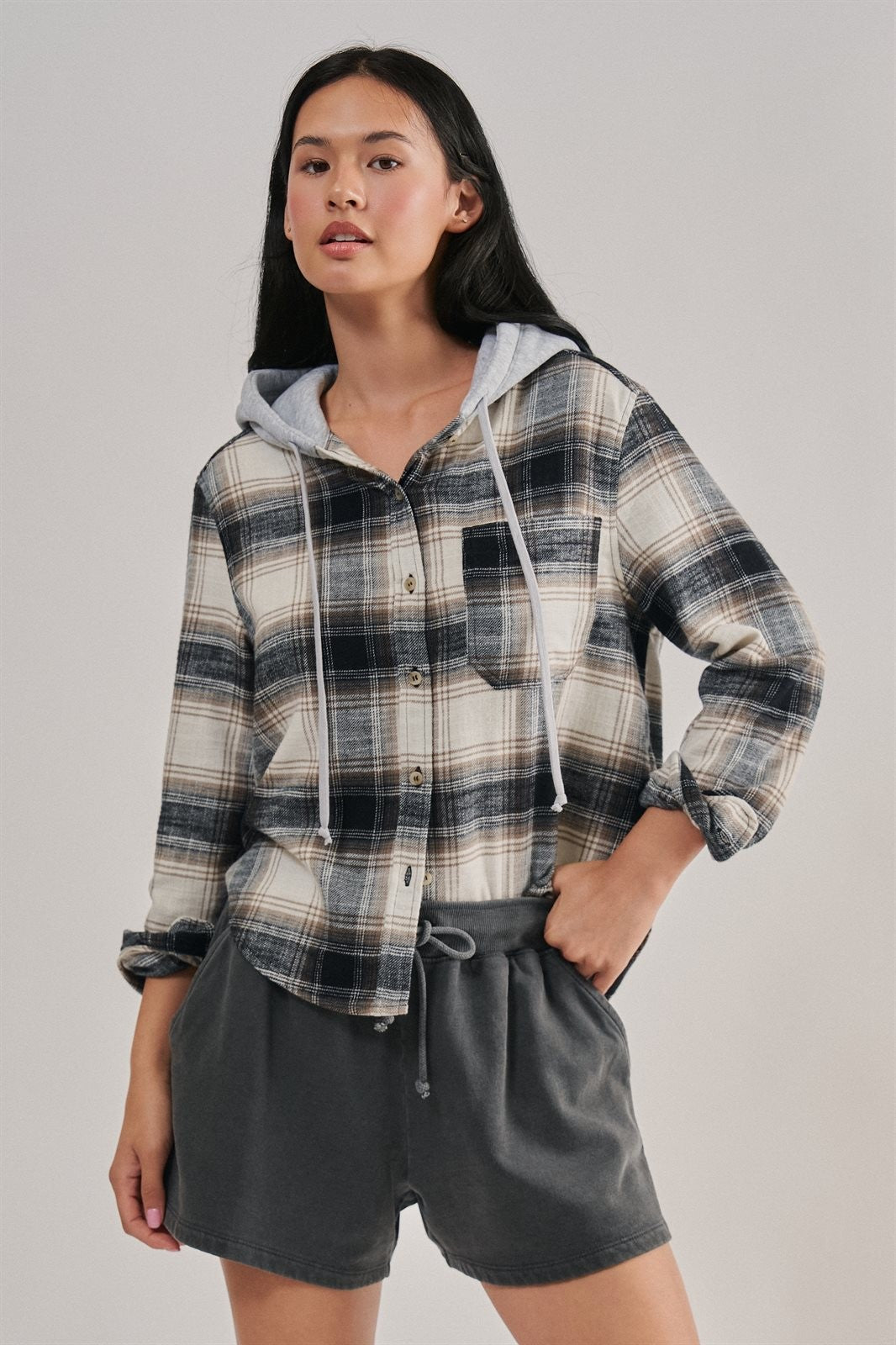 Hooded Flannel Plaid Shirt Jacket with French Terry Hood in Black - Women's Wholesale Shirts & Blouses | Trend Notes