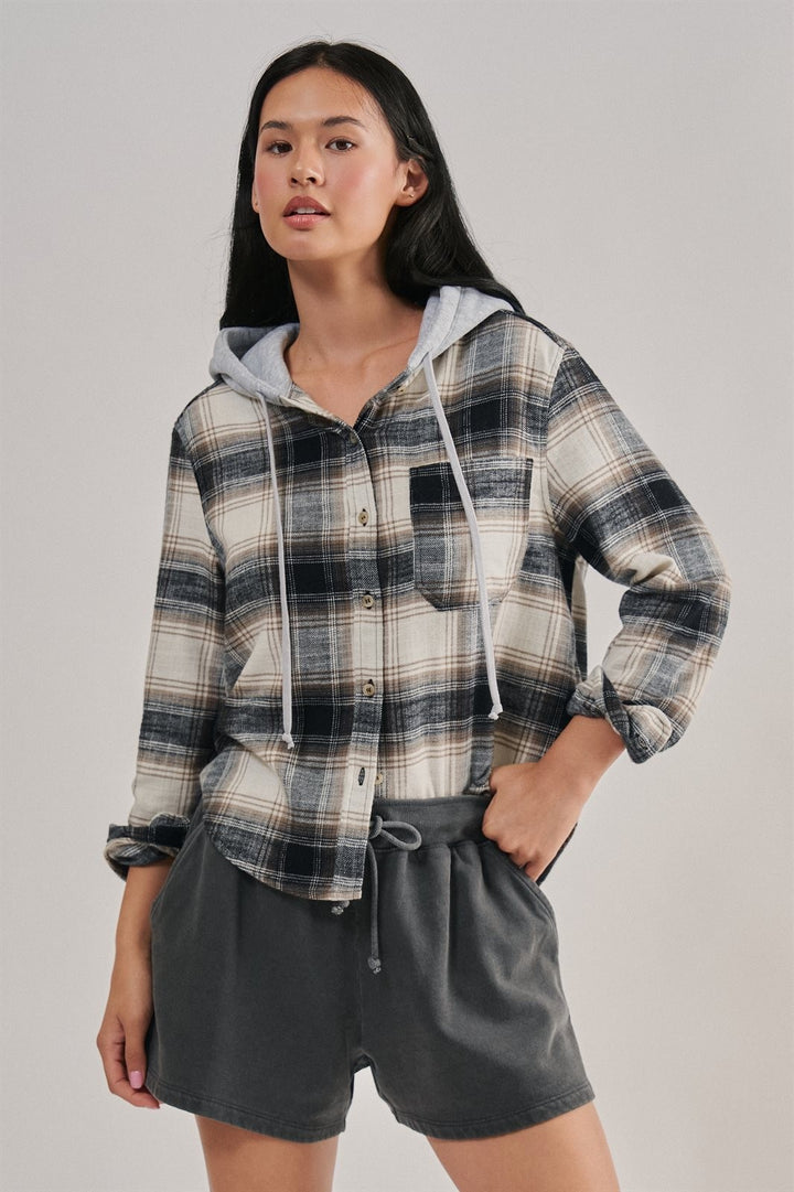 Hooded Flannel Plaid Shirt Jacket with French Terry Hood in Black - Women's Wholesale Shirts & Blouses | Trend Notes