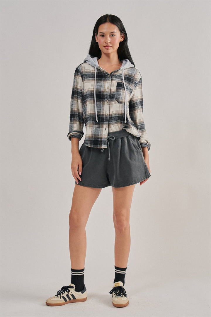 Hooded Flannel Plaid Shirt Jacket with French Terry Hood in Black - Women's Wholesale Shirts & Blouses | Trend Notes