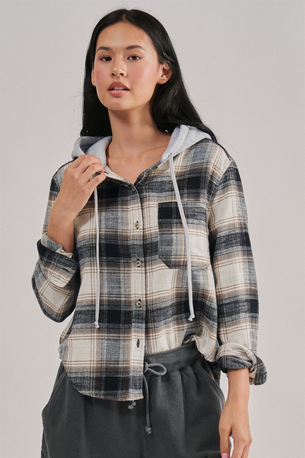 Hooded Flannel Plaid Shirt Jacket with French Terry Hood in Black - Women's Wholesale Shirts & Blouses | Trend Notes