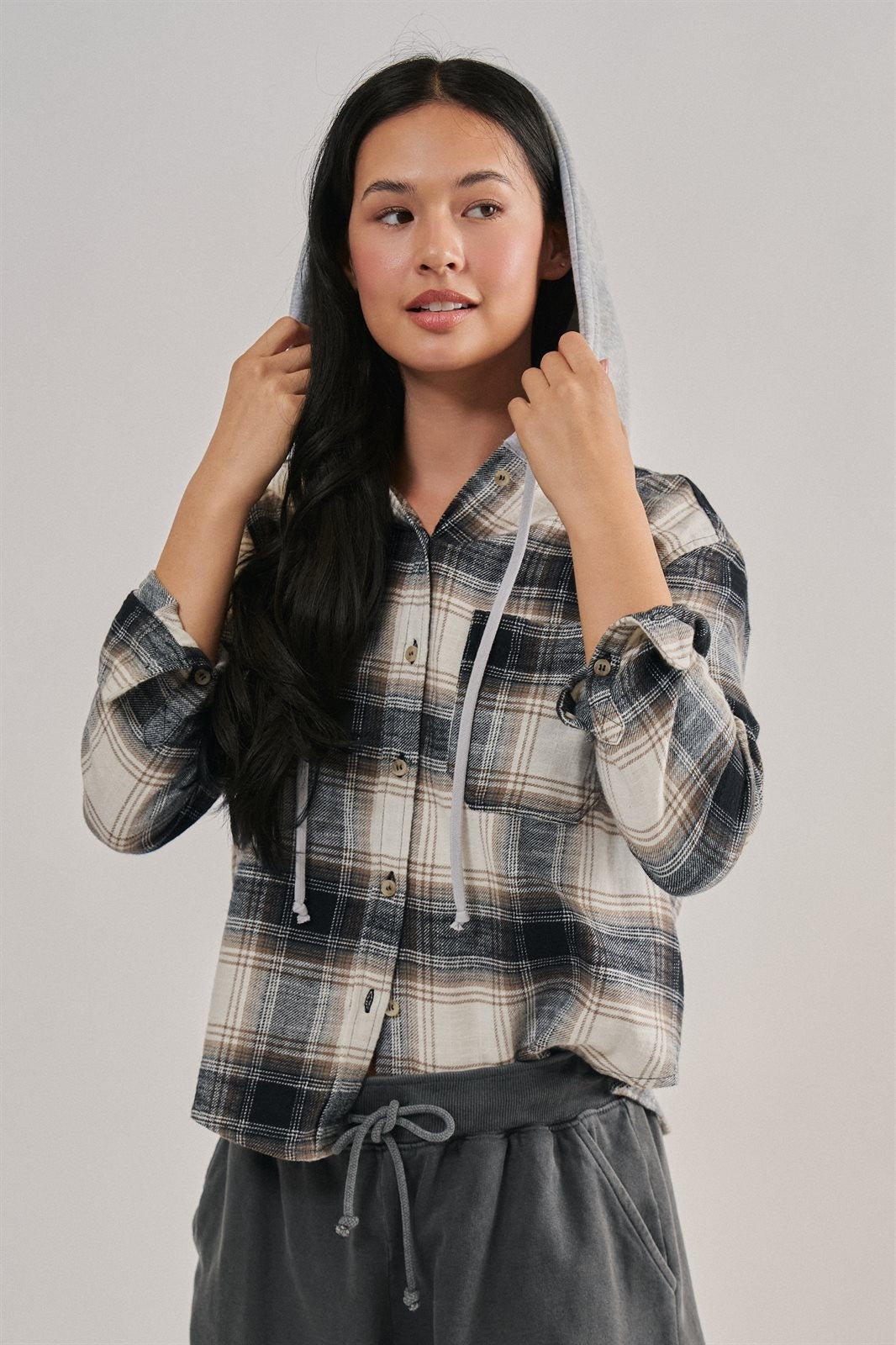 Hooded Flannel Plaid Shirt Jacket with French Terry Hood in Black - Women's Wholesale Shirts & Blouses | Trend Notes