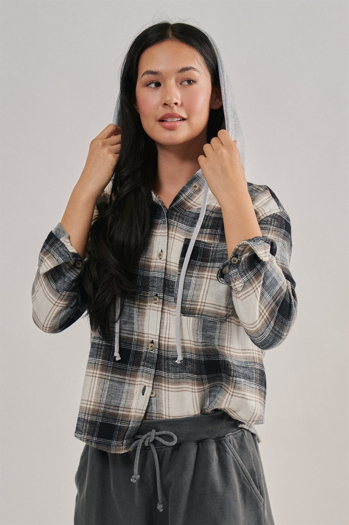 Hooded Flannel Plaid Shirt Jacket with French Terry Hood in Black - Women's Wholesale Shirts & Blouses | Trend Notes