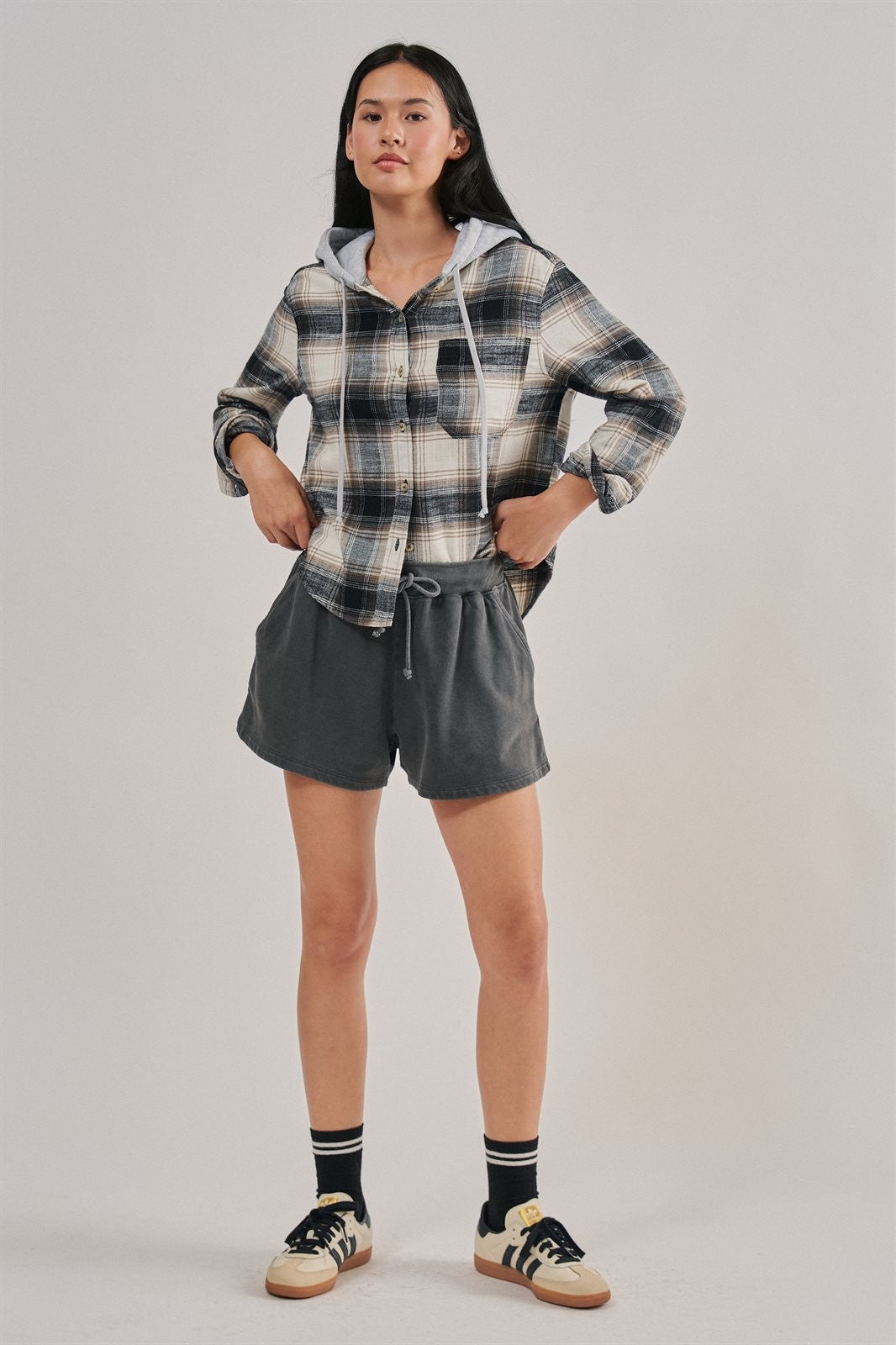 Hooded Flannel Plaid Shirt Jacket with French Terry Hood in Black - Women's Wholesale Shirts & Blouses | Trend Notes