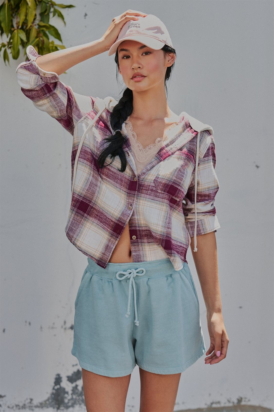 Hooded Flannel Plaid Shirt Jacket with French Terry Hood in Burgundy - Women's Wholesale Shirts & Blouses | Trend Notes