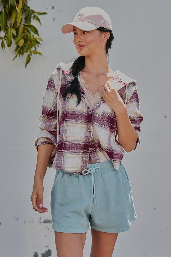 Hooded Flannel Plaid Shirt Jacket with French Terry Hood in Burgundy - Women's Wholesale Shirts & Blouses | Trend Notes