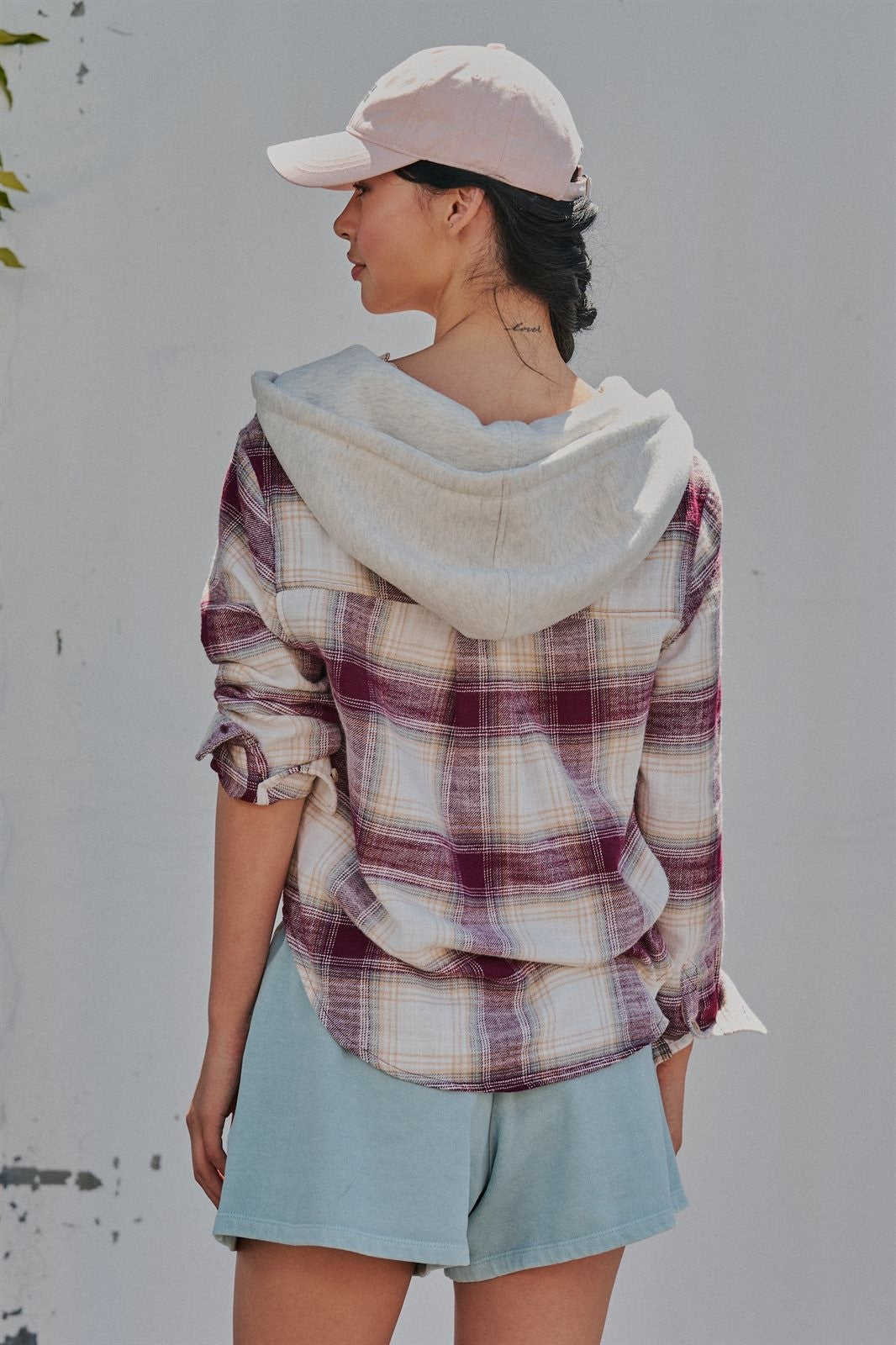 Hooded Flannel Plaid Shirt Jacket with French Terry Hood in Burgundy - Women's Wholesale Shirts & Blouses | Trend Notes
