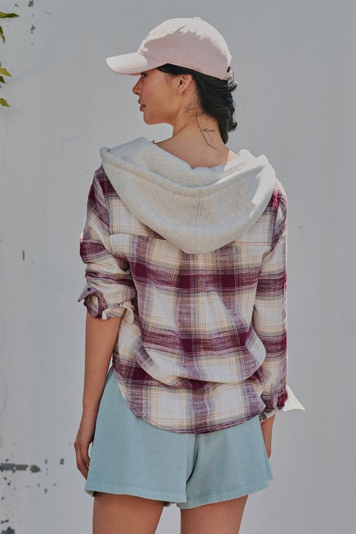 Hooded Flannel Plaid Shirt Jacket with French Terry Hood in Burgundy - Women's Wholesale Shirts & Blouses | Trend Notes