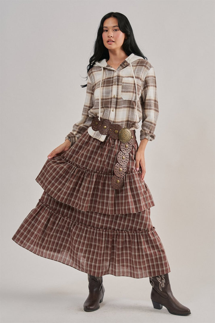 Hooded Flannel Plaid Shirt Jacket with French Terry Hood in Cocoa - Women's Wholesale Shirts & Blouses | Trend Notes