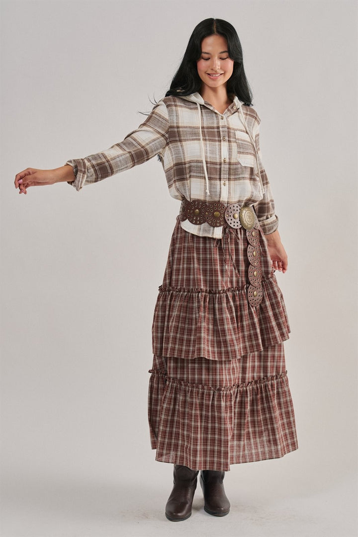 Hooded Flannel Plaid Shirt Jacket with French Terry Hood in Cocoa - Women's Wholesale Shirts & Blouses | Trend Notes