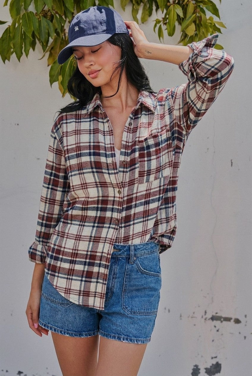 Plaid Flannel Button Down Shirt Western Top in Burgundy - Women's Wholesale Shirts & Blouses | Trend Notes