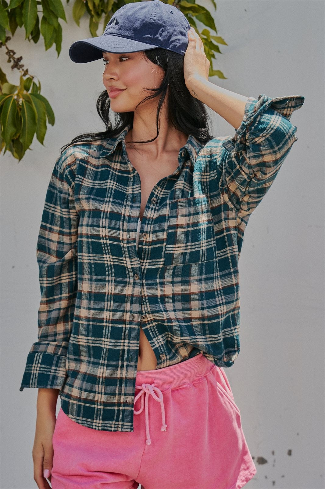 Plaid Flannel Button Down Shirt Western Top in Teal Green - Women's Wholesale Shirts & Blouses | Trend Notes