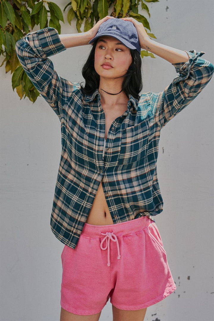 Plaid Flannel Button Down Shirt Western Top in Teal Green - Women's Wholesale Shirts & Blouses | Trend Notes