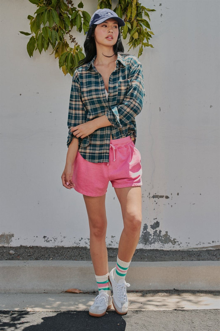 Plaid Flannel Button Down Shirt Western Top in Teal Green - Women's Wholesale Shirts & Blouses | Trend Notes