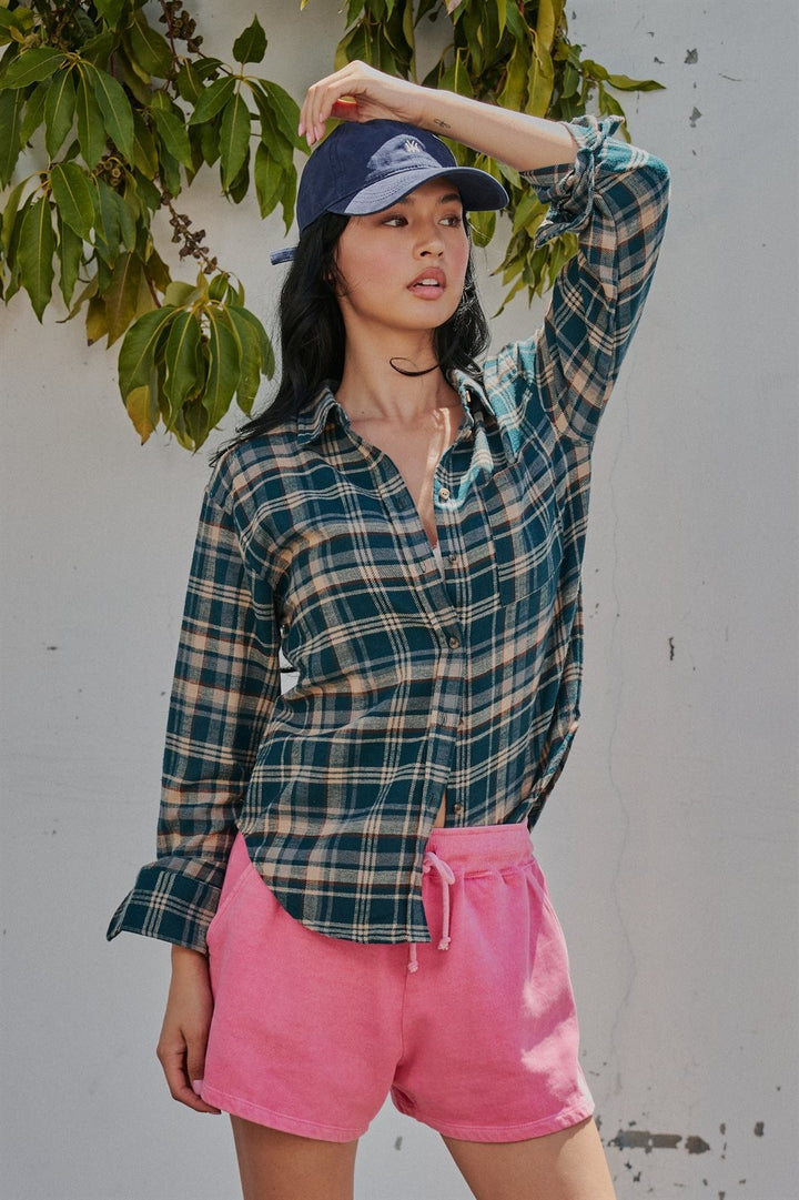Plaid Flannel Button Down Shirt Western Top in Teal Green - Women's Wholesale Shirts & Blouses | Trend Notes