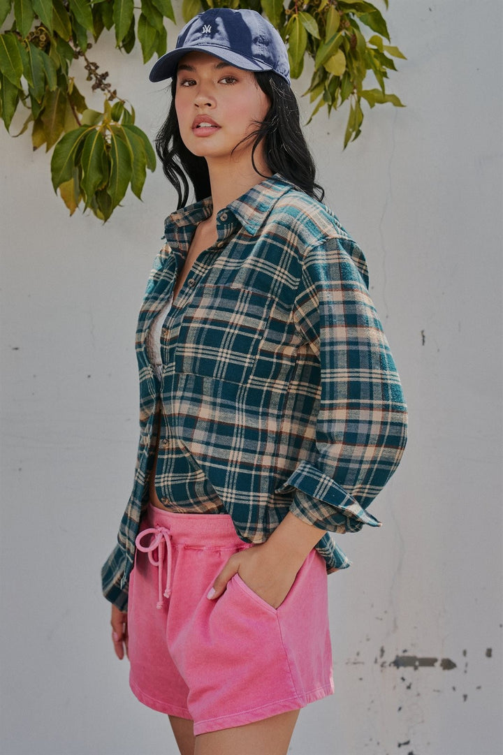 Plaid Flannel Button Down Shirt Western Top in Teal Green - Women's Wholesale Shirts & Blouses | Trend Notes