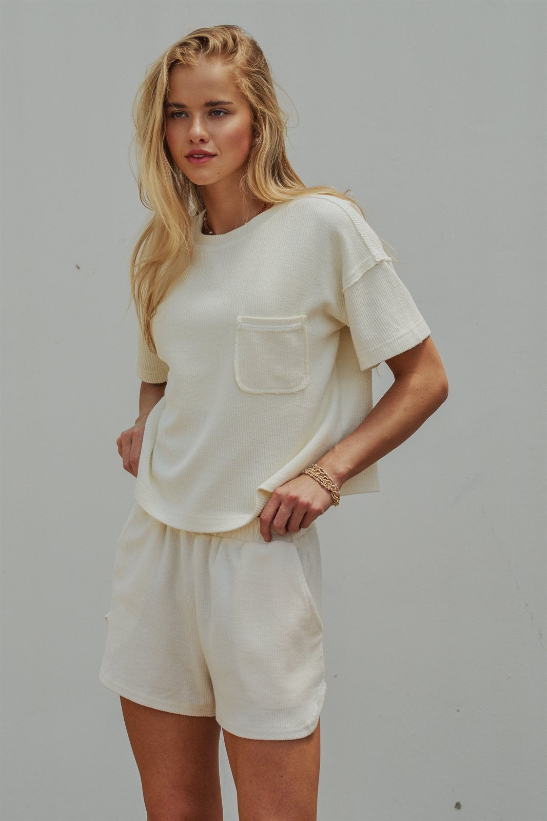 Embossed Ribbed Knit Cotton Stretch Loungewear Top with Pock in Ivory - Women's Wholesale Fashion | Trend Notes