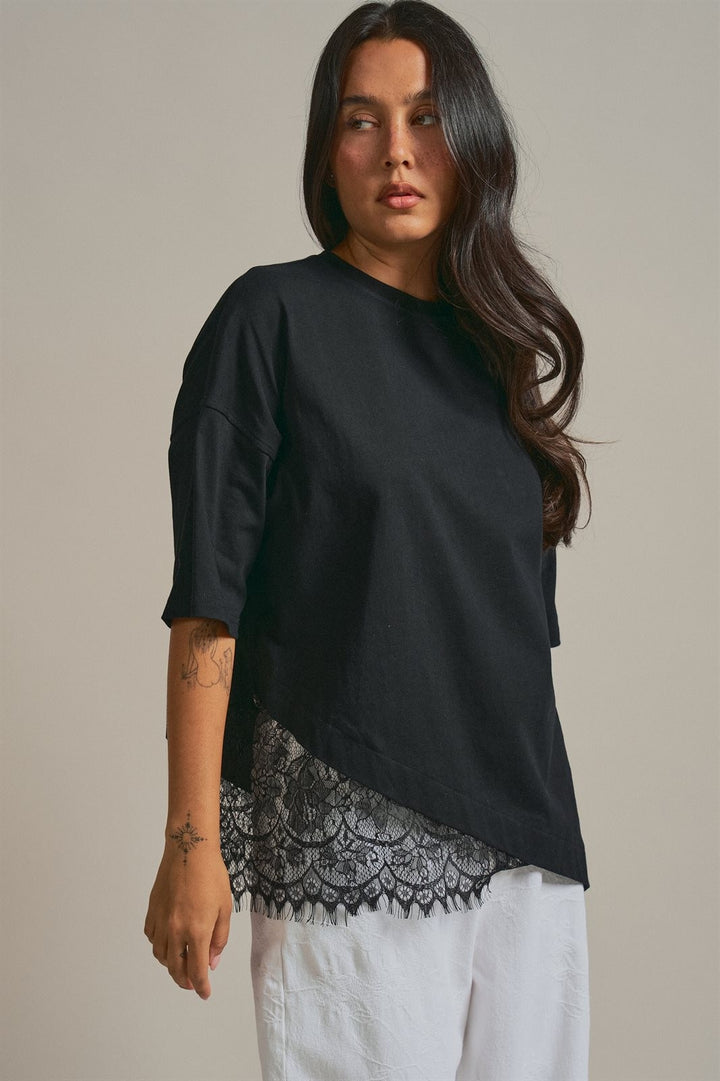 Oversized Cotton Tee with Asymmetric Lace Hem in Black - Women's Wholesale Fashion | Trend Notes