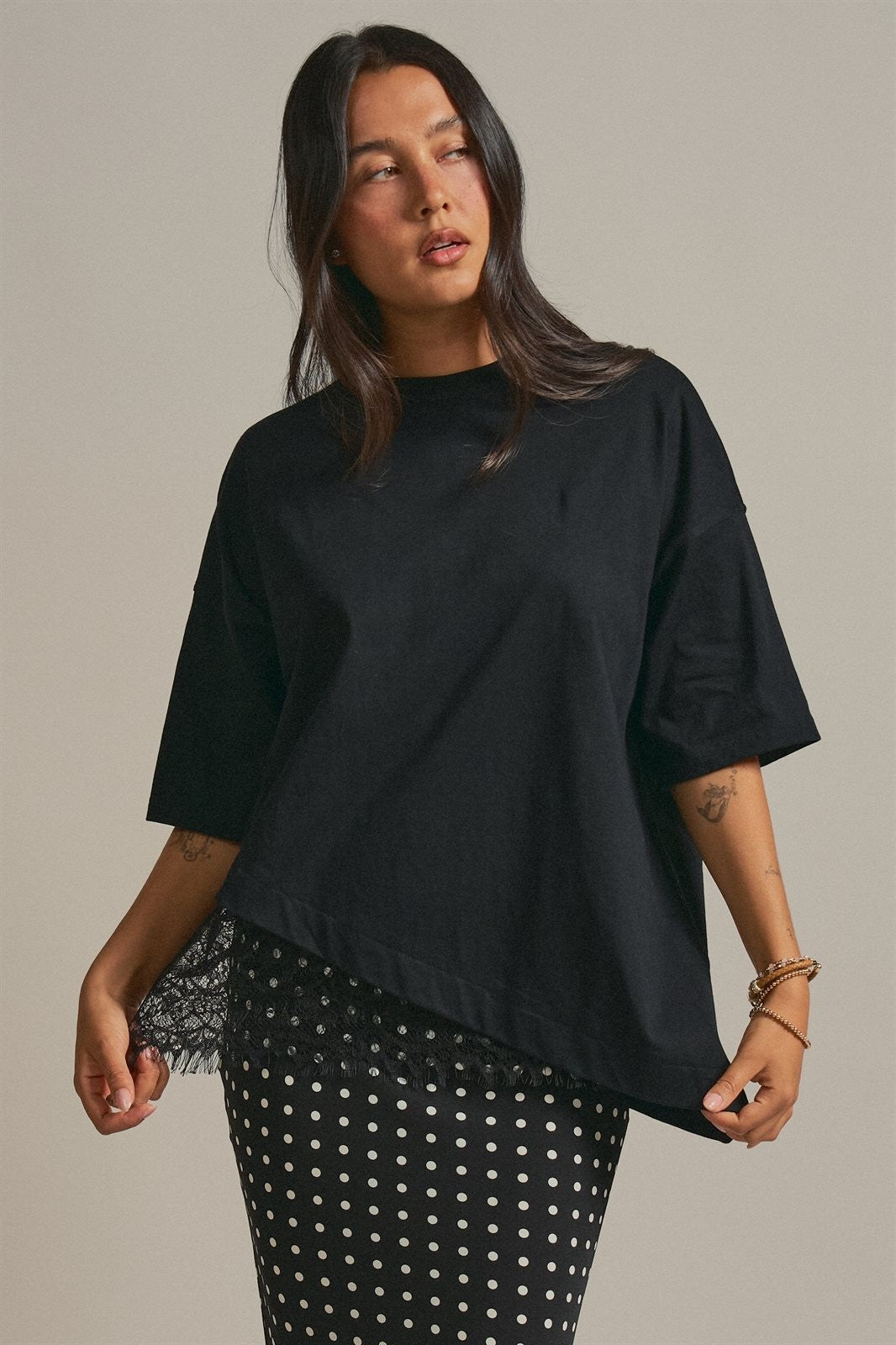 Oversized Cotton Tee with Asymmetric Lace Hem in Black - Women's Wholesale Fashion | Trend Notes