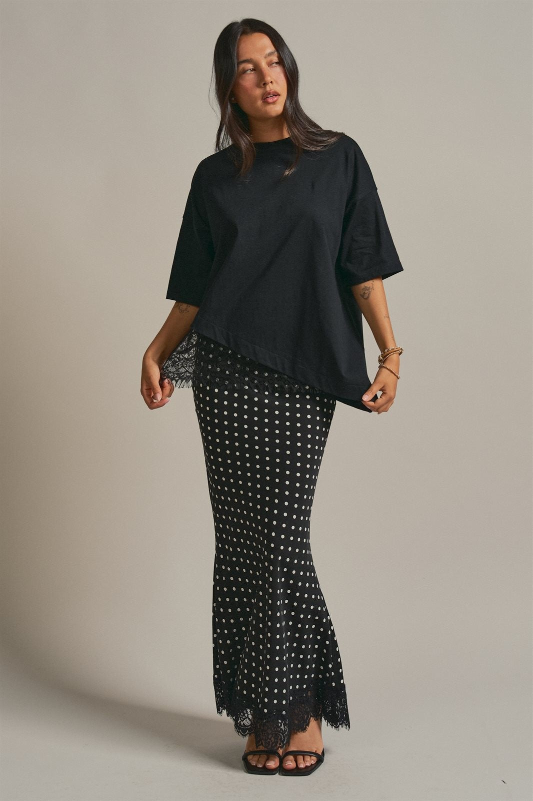 Oversized Cotton Tee with Asymmetric Lace Hem in Black - Women's Wholesale Fashion | Trend Notes